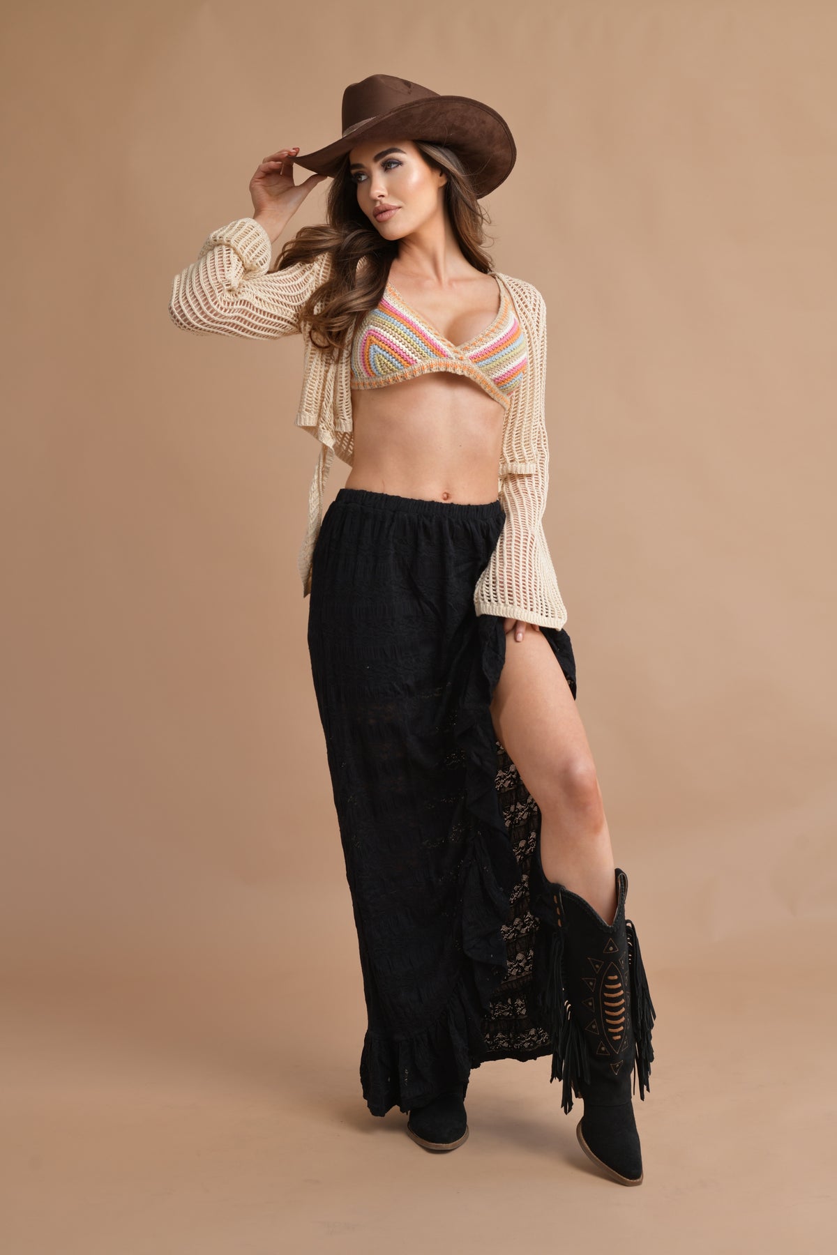 Black Ruffle Slit Skirt