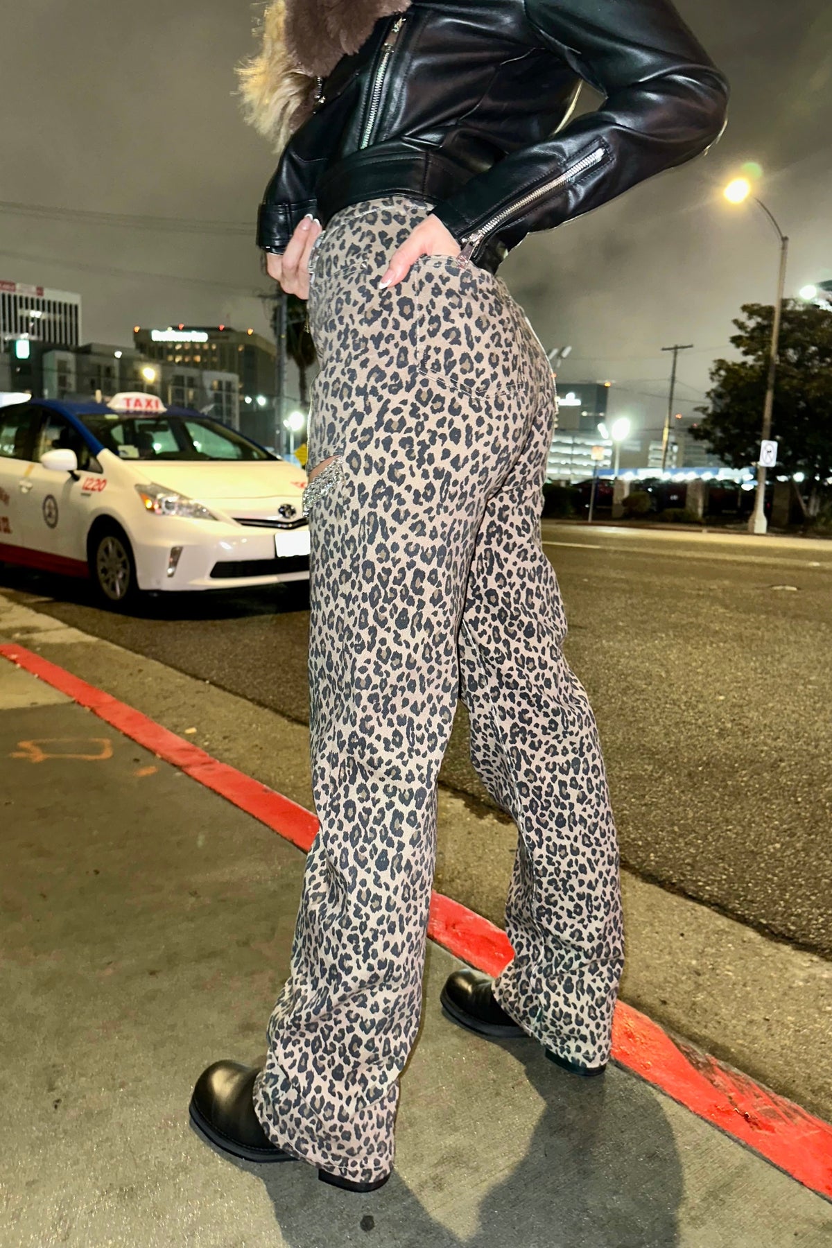 Leopard Cut Out Rhinestone Cargo Pants