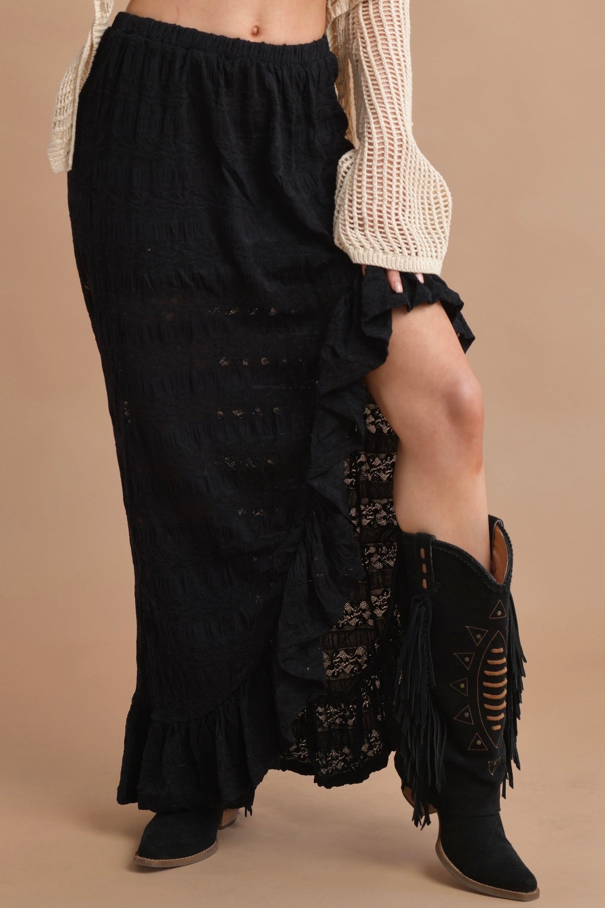 Black Ruffle Slit Skirt