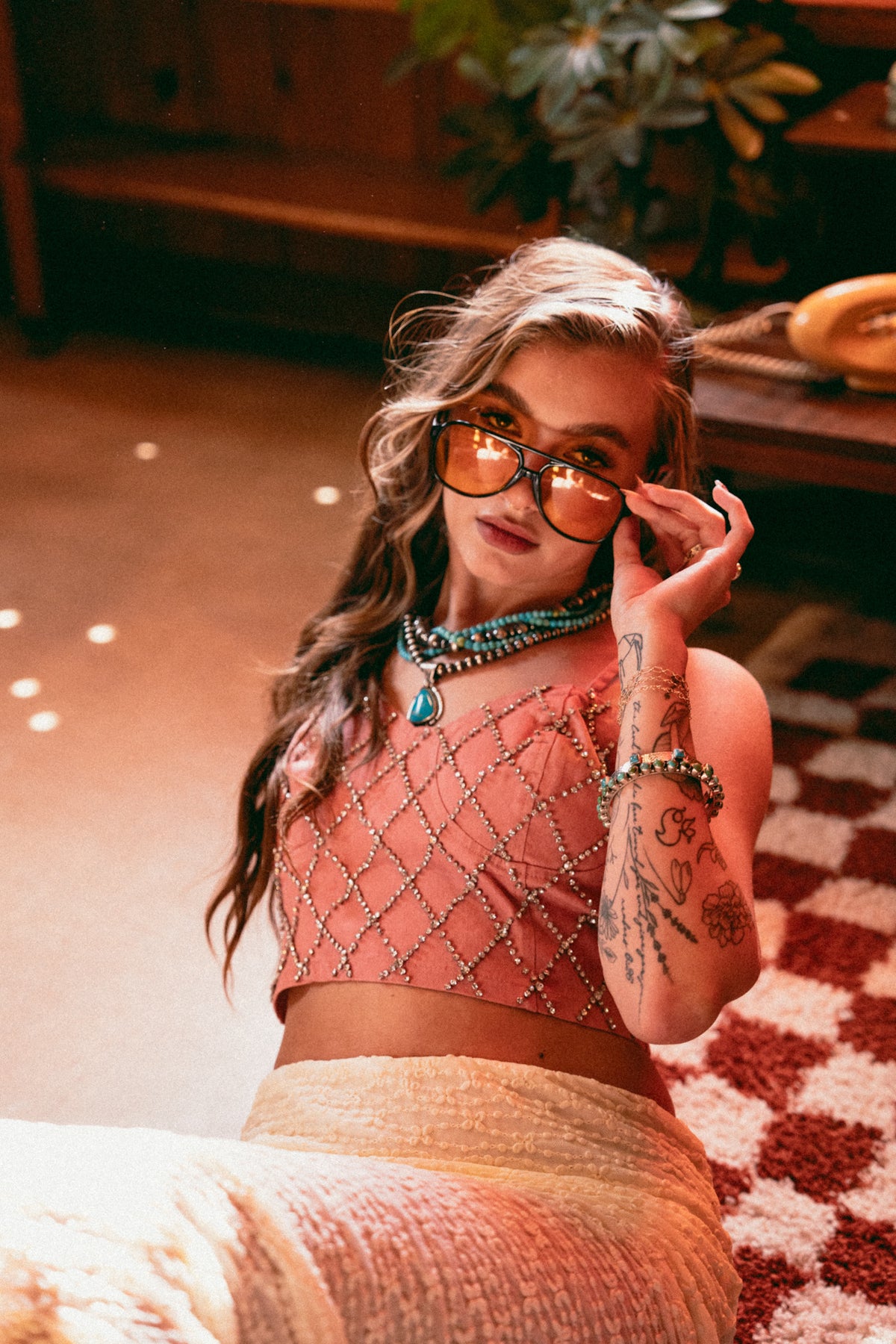 Denim & Rhinestone Top in Peachy Pink