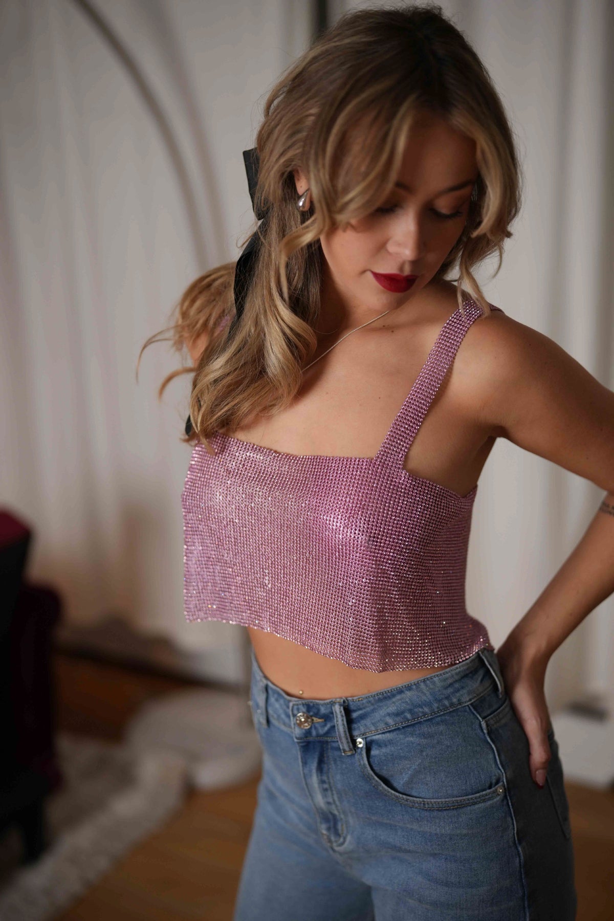 Rhinestone Chainmail Crop in Pink