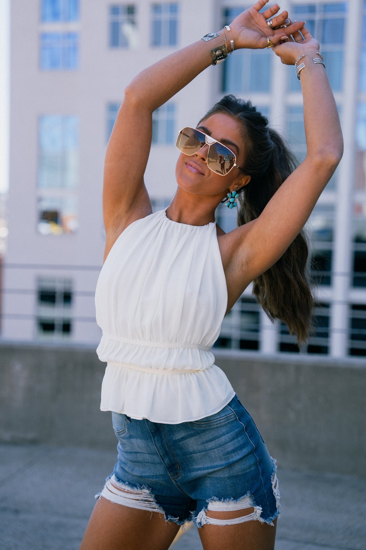 Baylee satin halter top with flattering front ruching and open back