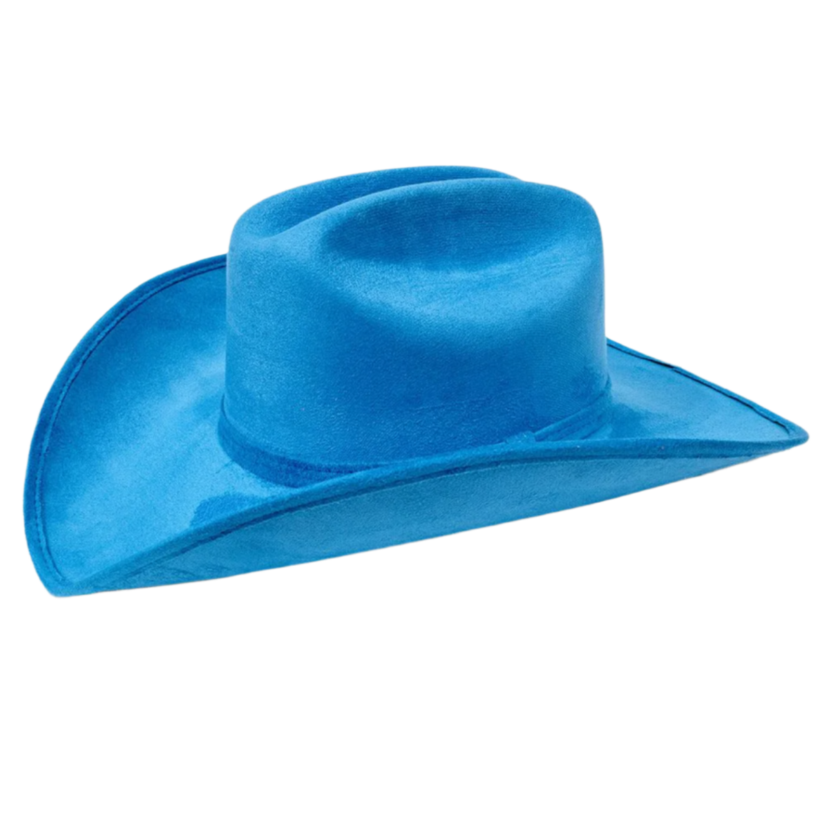 Front view of structured blue cowboy hat made from Mexican suede