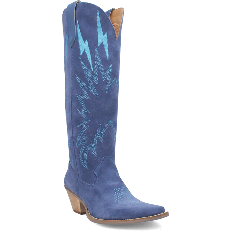 Blue suede Thunder Road cowboy boots – knee-high leather Western boots with 2½-inch heel.