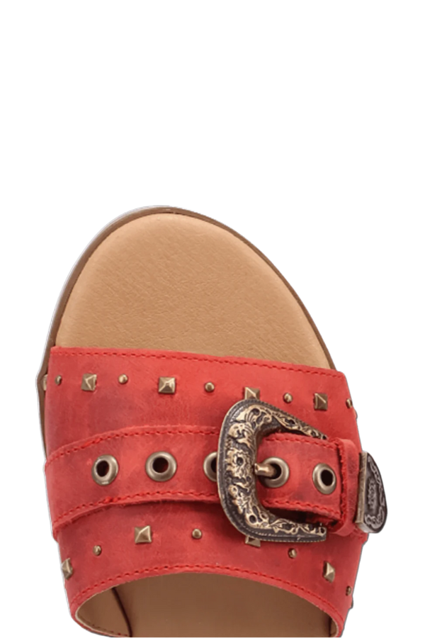 Close-up of buckle and leather strap detail on Lariat Sandal