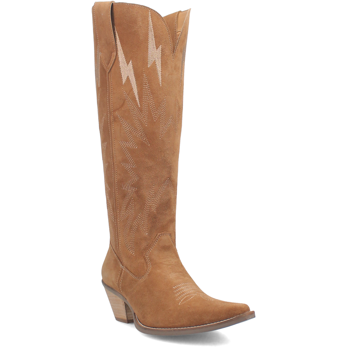 camel suede Thunder Road cowboy boots – knee-high leather Western boots with 2½-inch heel.