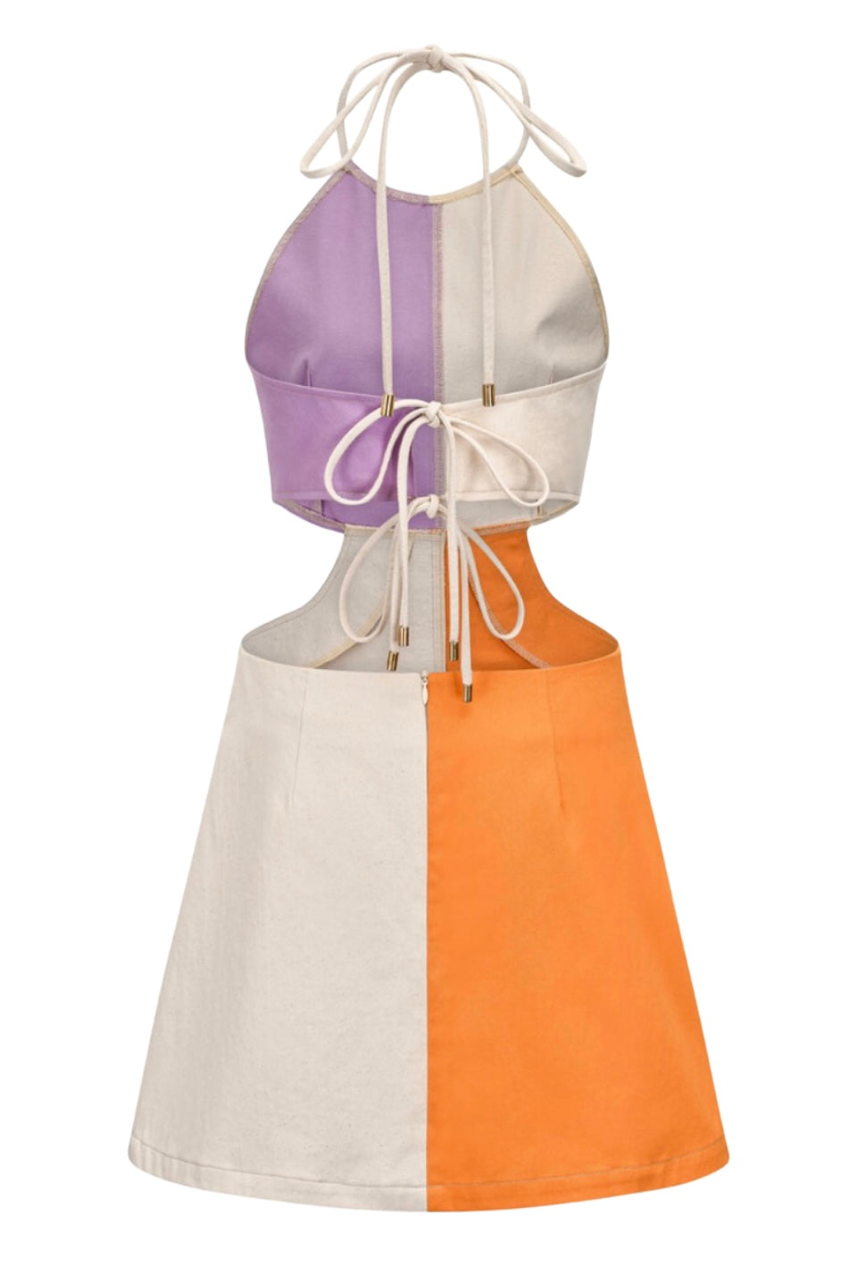 Colorblock dress in lilac, ivory, and citrus orange for a bold sunset look