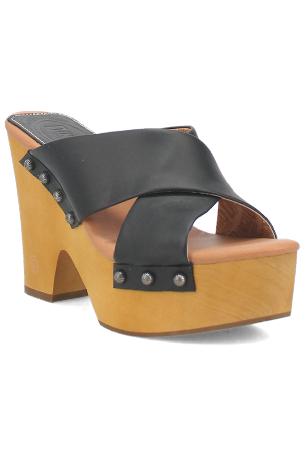 Driftwood leather sandal with open toe and wooden heel