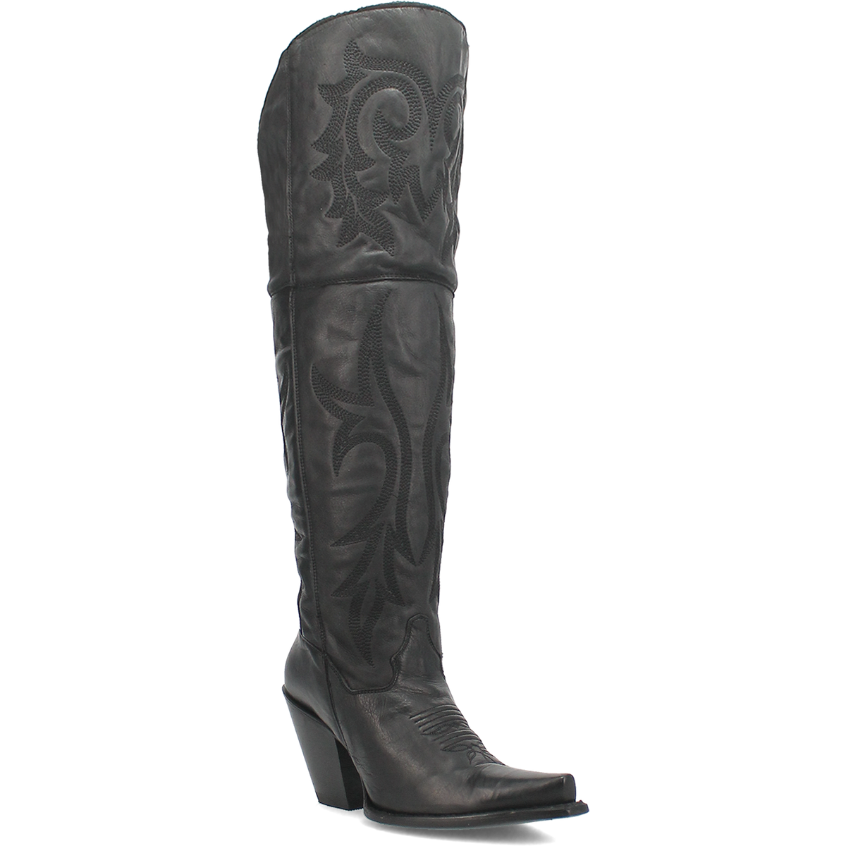 Front view of black leather western boot with snip toe