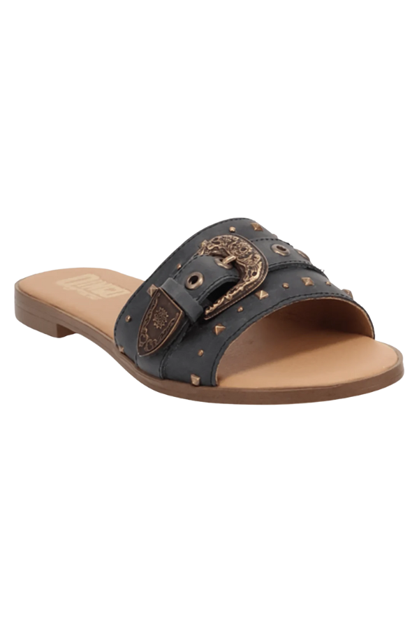 Front view of Lariat Sandal with western-inspired design and studded accents