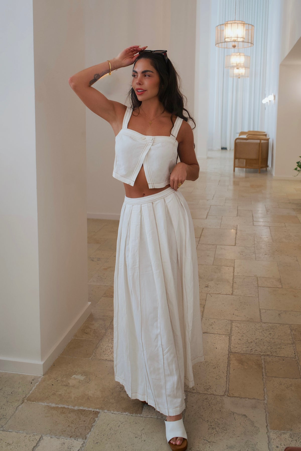 Loverly Linen Set in cream featuring a cropped top and pleated maxi skirt