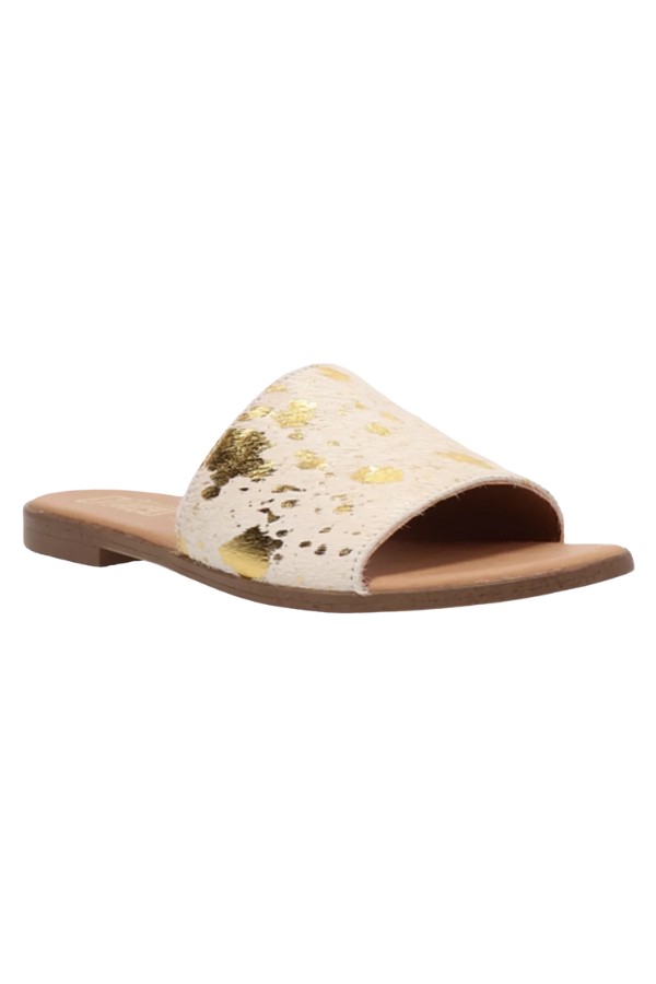 Front view of open-toe sandal with real calf hair upper and chic design