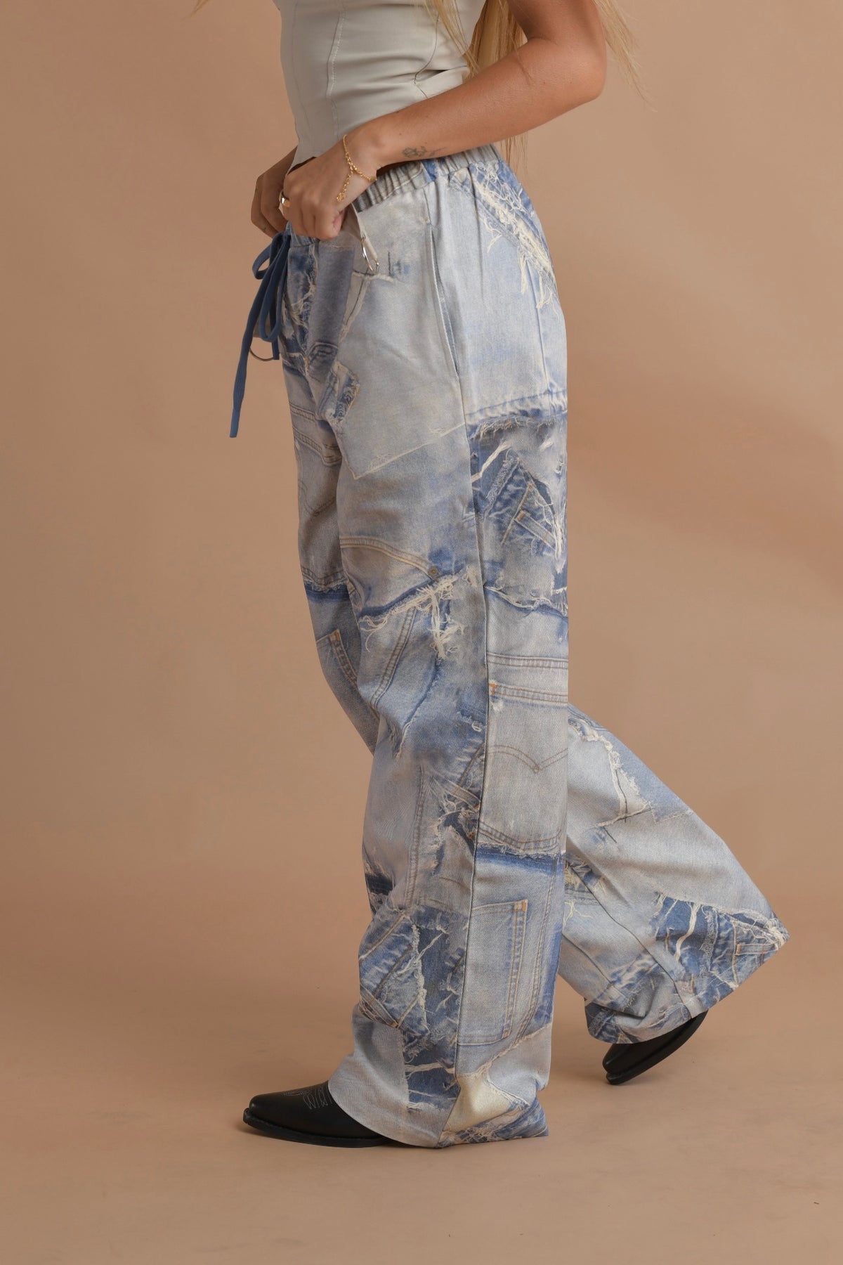 Casual and stylish baggy denim pants with a comfortable elastic drawstring waist.