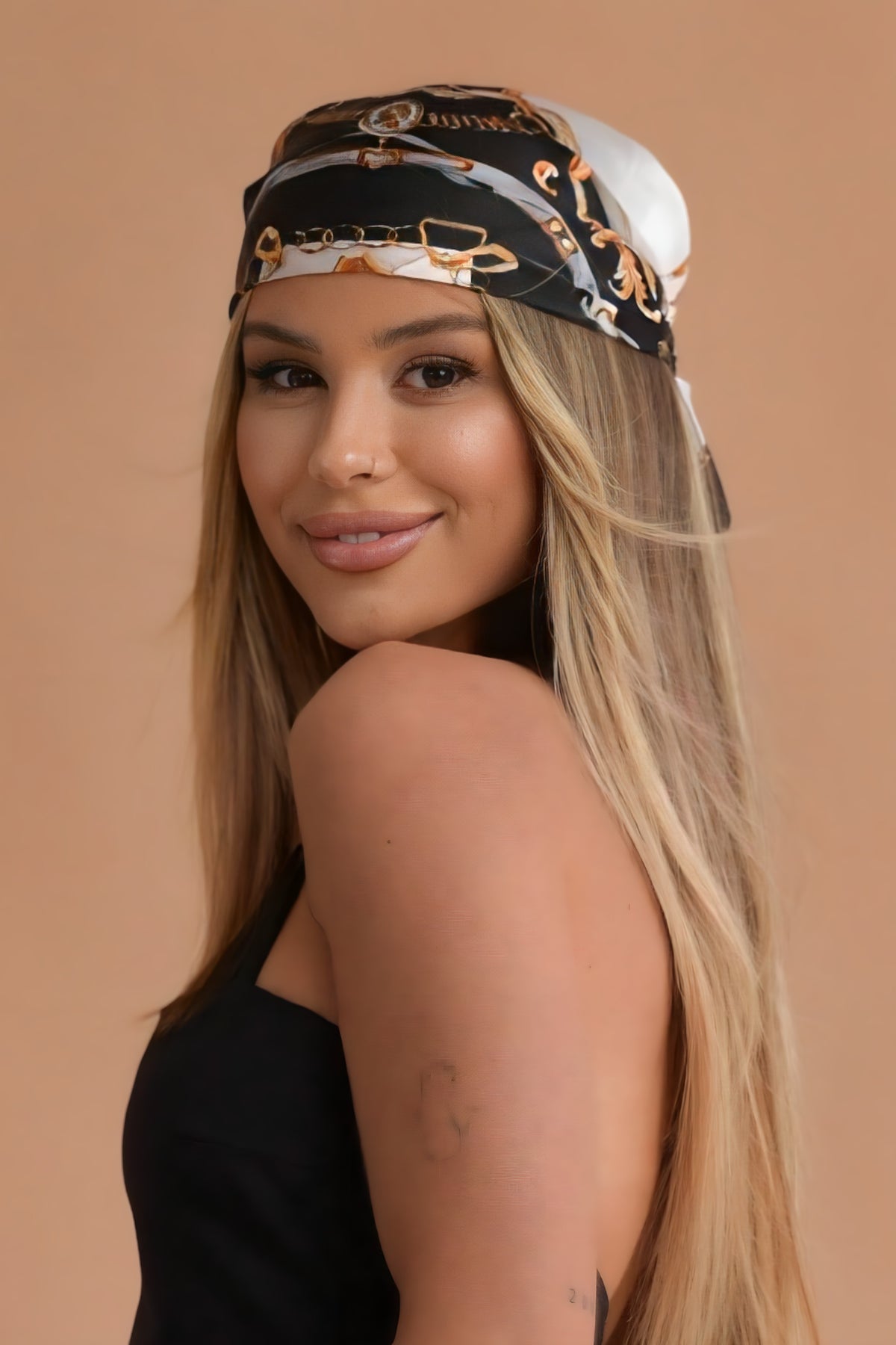 Silk Headscarf in Black and Gold - Boho & Western Festival Style