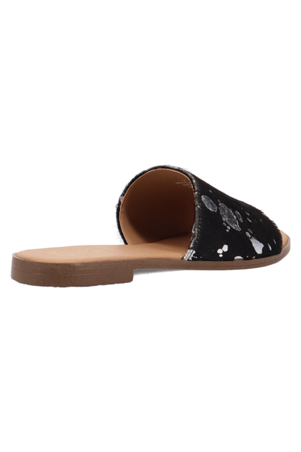 Bold spring/summer look featuring open-toe calf hair sandals with modern edge