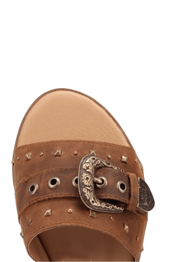 Detail shot of studs and buckle on Lariat Sandal, highlighting craftsmanship