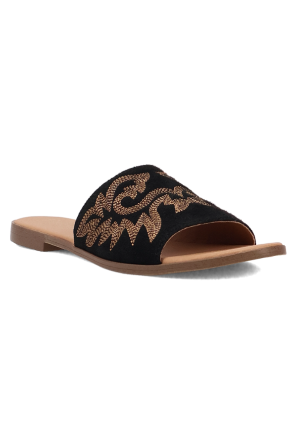 Front view of flirty open-toe sandal with subtle heel and cushioned comfort