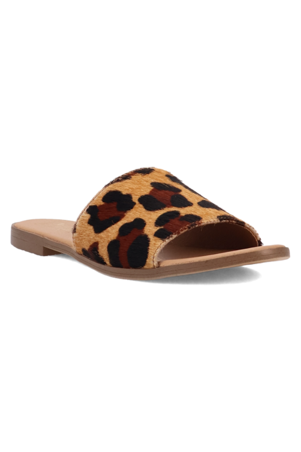 Front view of Tabby sandal featuring dyed calf hair upper and classic round toe