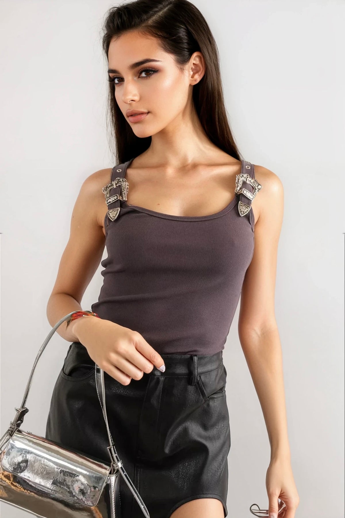 Curve-hugging ribbed tank with playful buckle straps