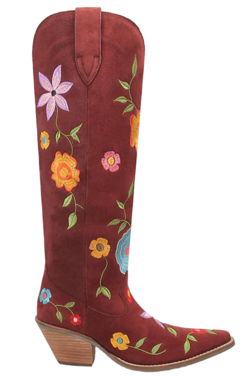 Flower Power Suede Boot in Burgundy