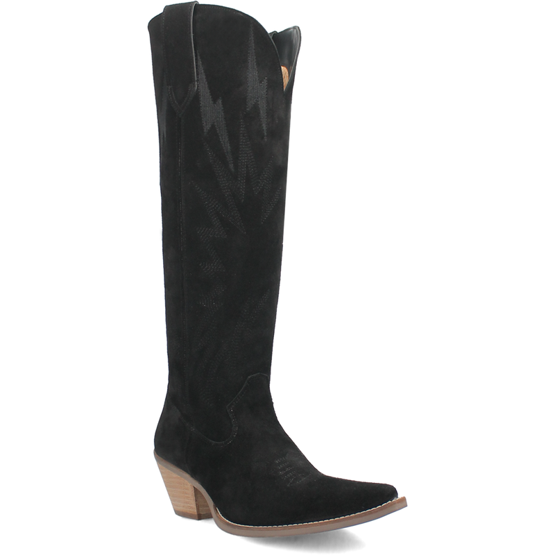 Black suede Thunder Road cowboy boots – knee-high leather Western boots with 2½-inch heel.