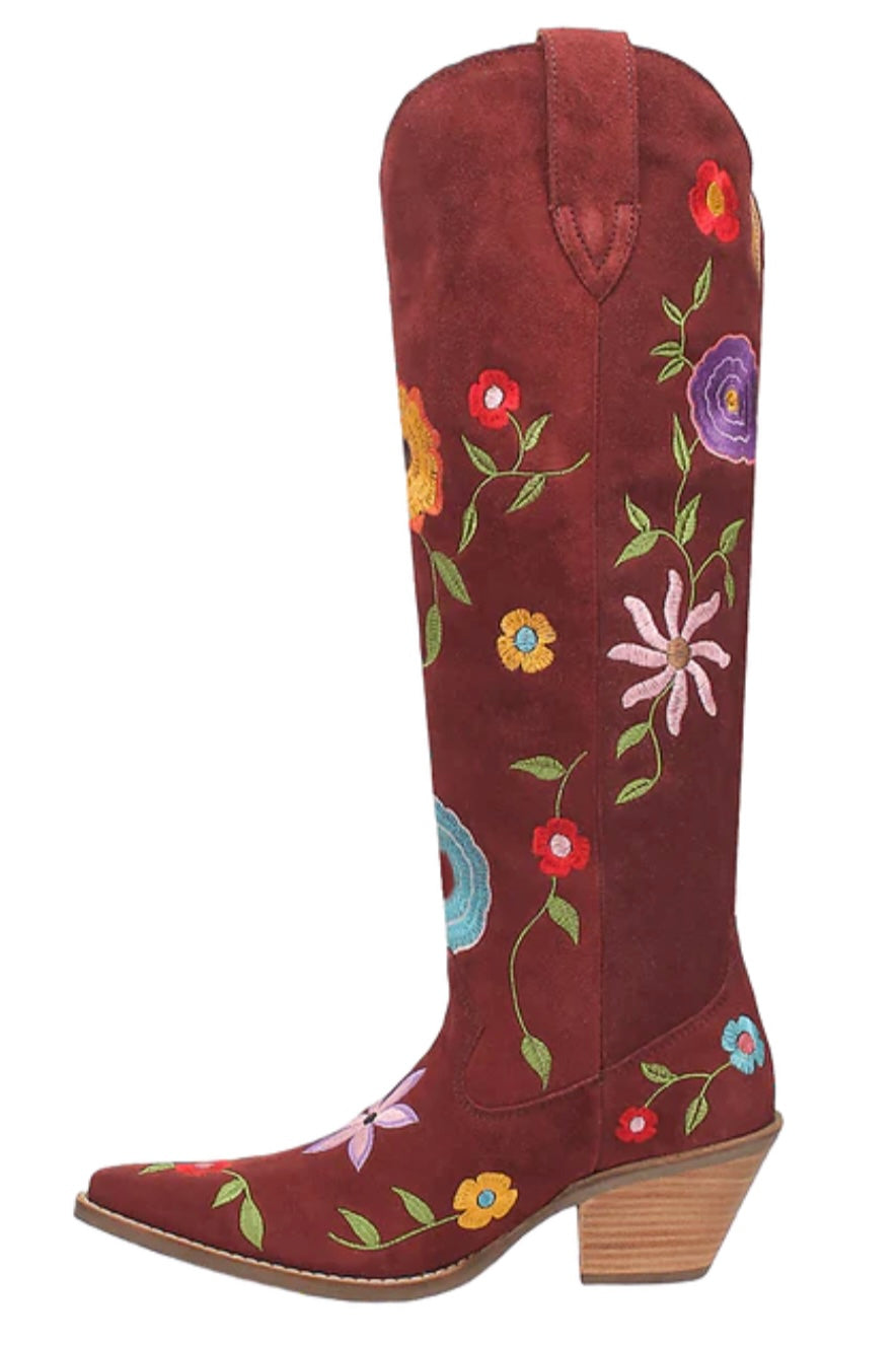 Flower Power Suede Boot in Burgundy