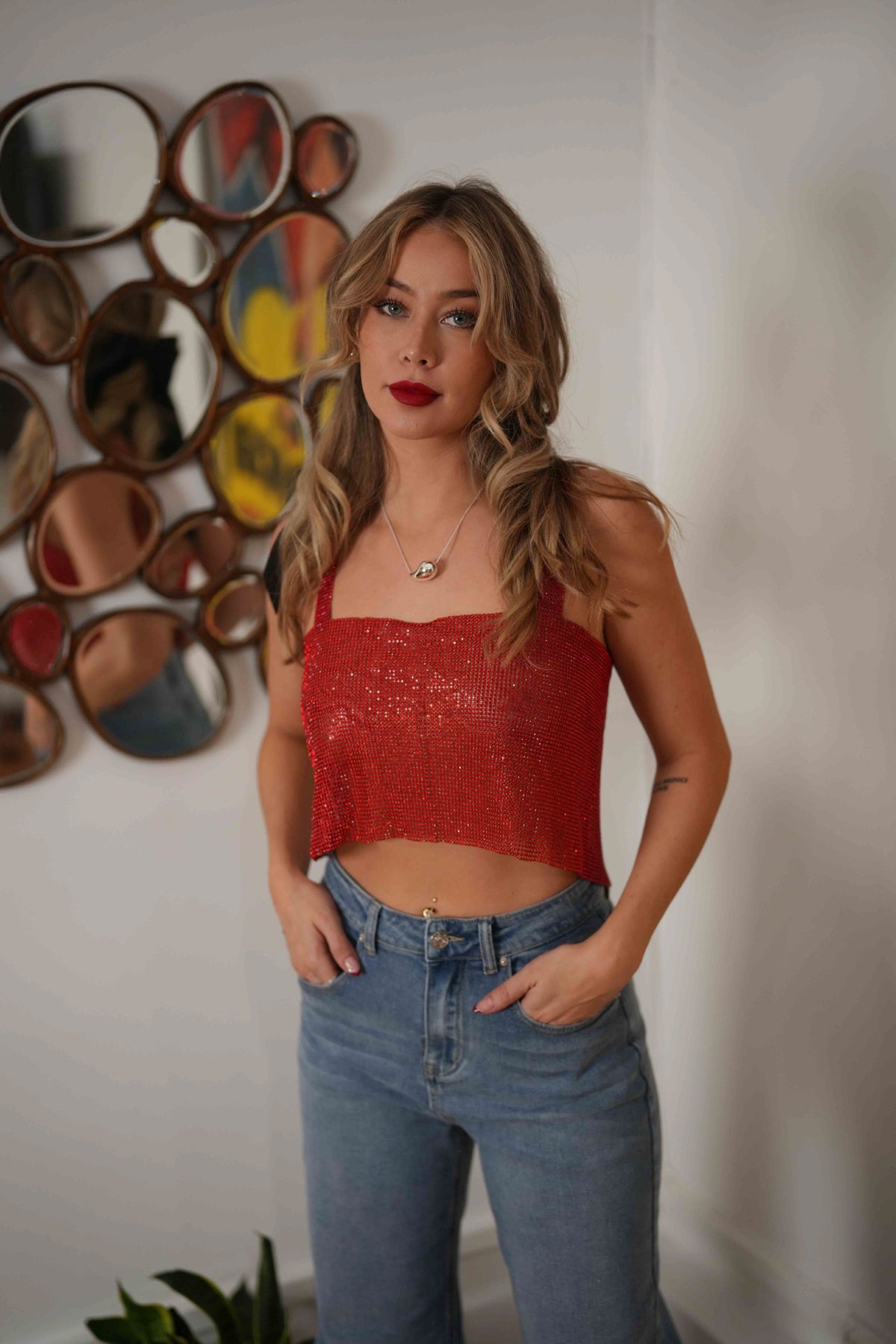 Rhinestone Chainmail Crop in Red