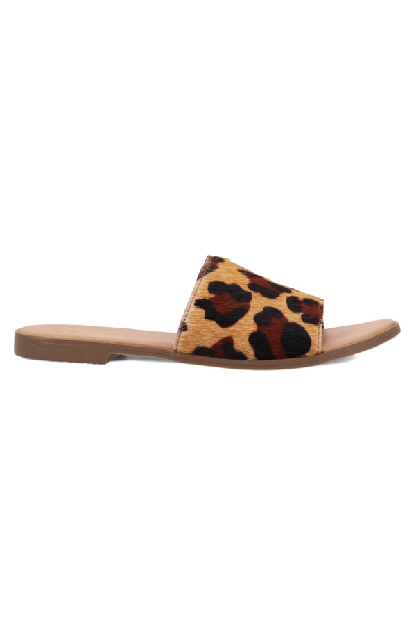 Bold patterned sandal with unique dyed calf hair for a standout statement
