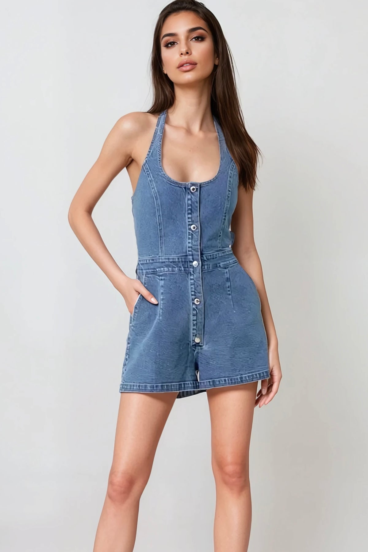 Halter neck denim romper with silver snap button closure and flattering silhouette
