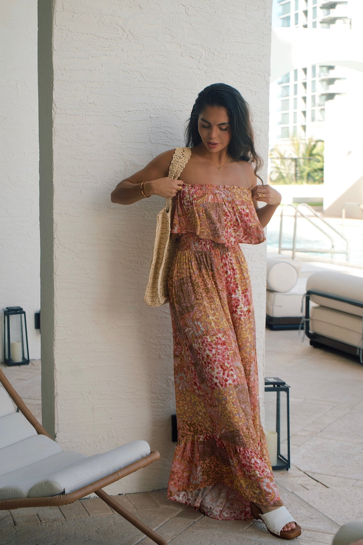 Wide-leg floral jumpsuit with high-low hem and breezy movement
