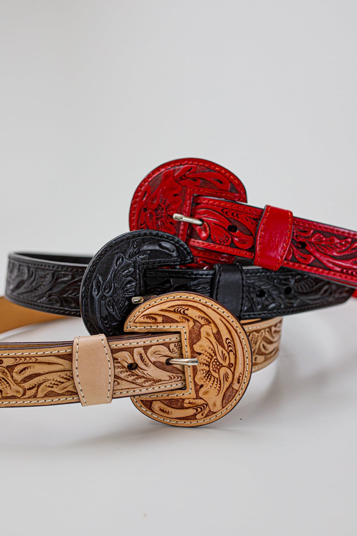 Tooled Vintage Leather Belts in Tan