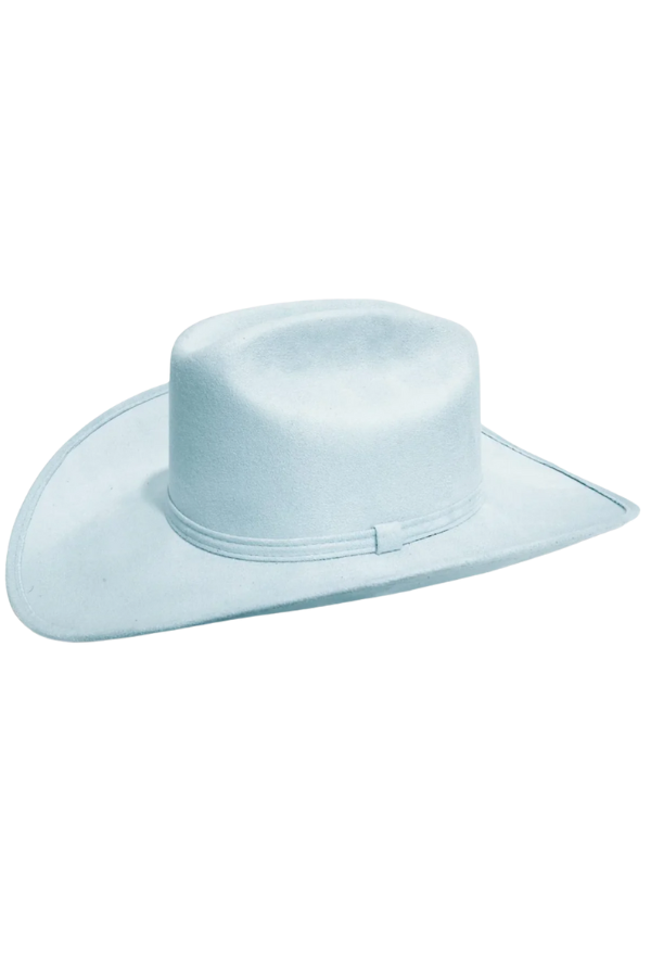Front view of light blue cowboy hat with minimal suede band
