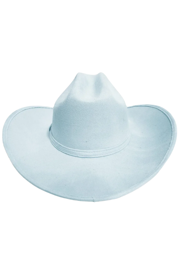 Light blue cowgirl hat made from stiffened Mexican suede
