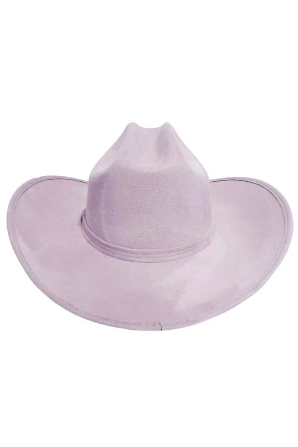 Side view of lavender cowgirl hat with minimal band

