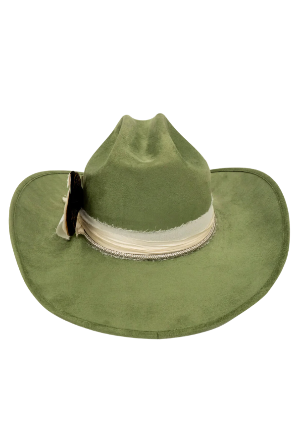 Stylish western hat in pistachio with feather charm

