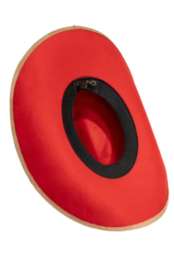 Close-up of western hat showing red under brim and minimal hat band

