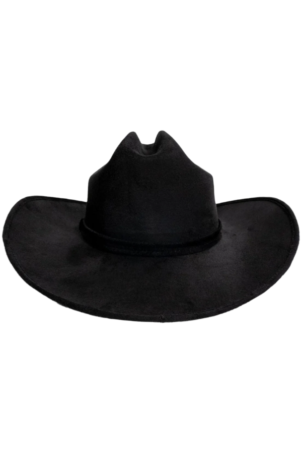 Front angle of cowboy hat featuring red under brim
