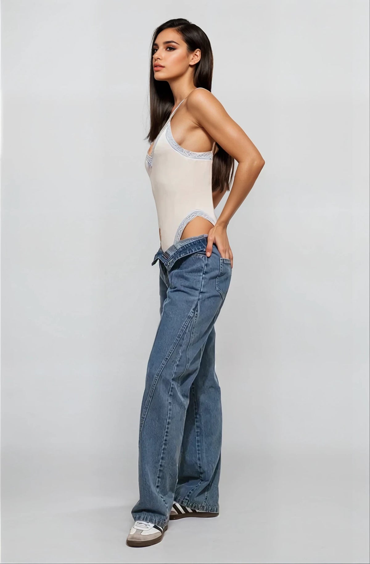 Flirty velour bodysuit with high-cut legs and lace detail

