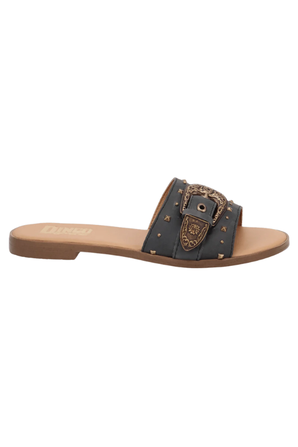 Close-up of bold statement buckle on western-style Lariat Sandal
