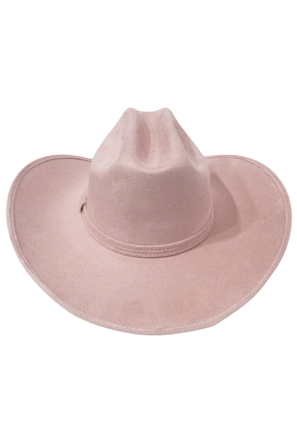 Front view of mauve western hat with suede band

