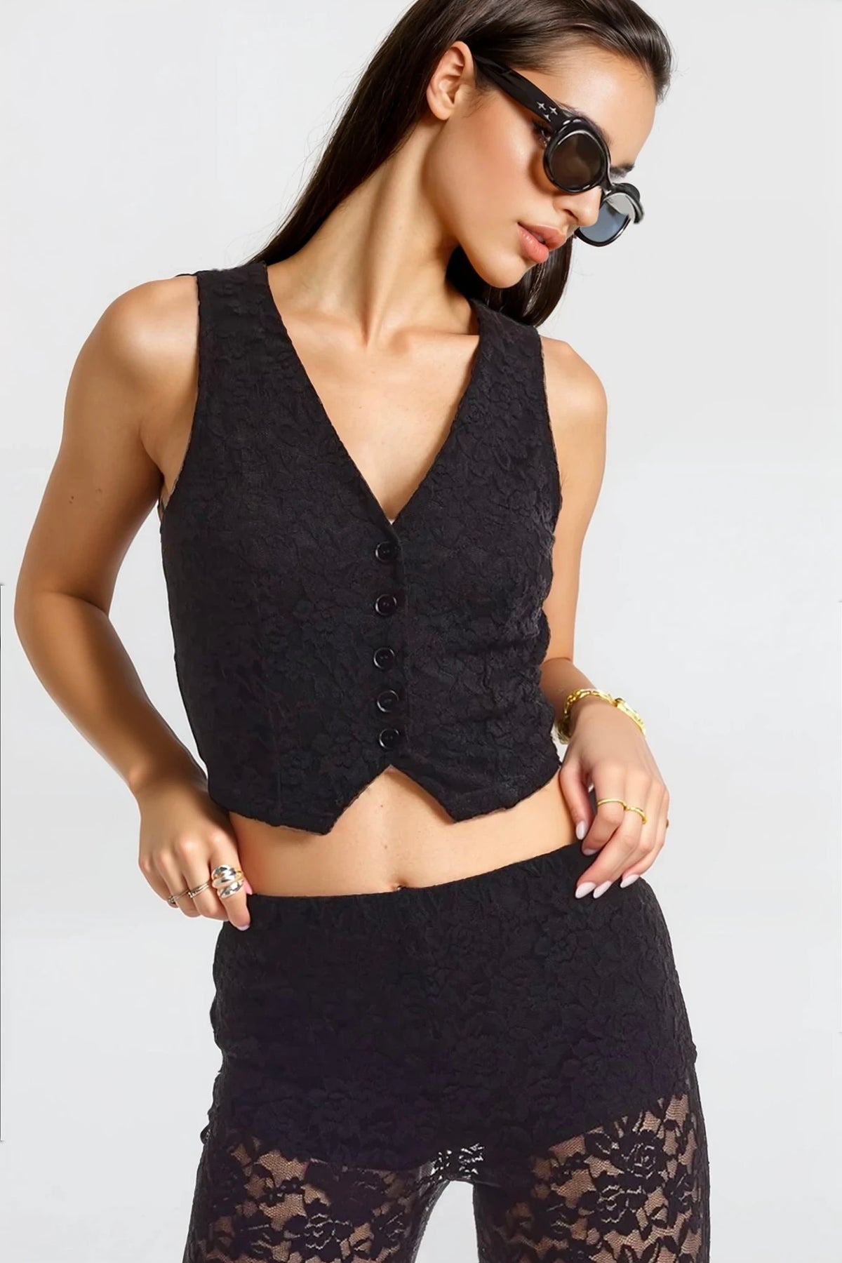 Stretch lace vest and pants set with full lining for sexy yet comfortable wear
