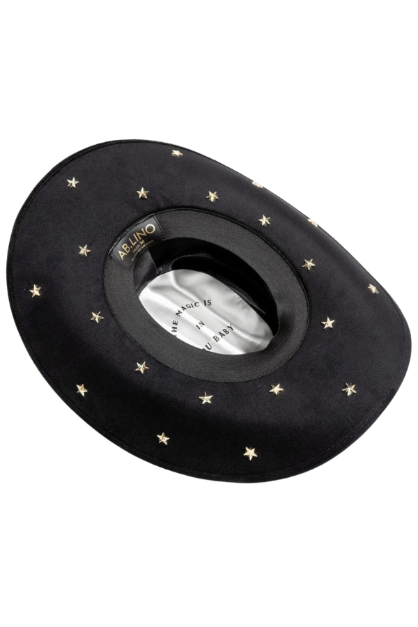 Front view of black cowboy hat with shape-holding crown and brim

