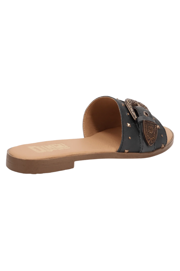 Studded open-toe sandal combining edgy charm and western flair
