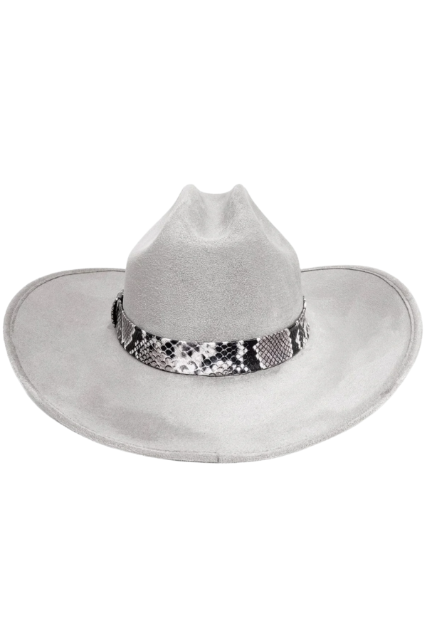 Side angle of stiffened suede cowboy hat with structured crown
