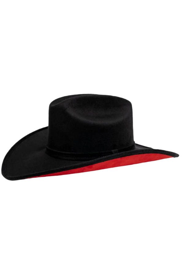Western cowboy hat with red under brim side view
