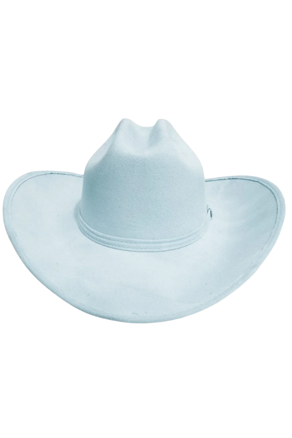 Profile shot showing wide brim and structured crown of blue suede hat

