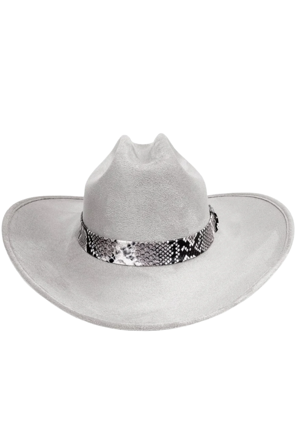 Western-style hat with edgy snakeskin trim detail and luxe suede finish
